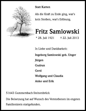 Anzeige von Fritz Samlowski von Kölner Stadt-Anzeiger / Kölnische Rundschau / Express