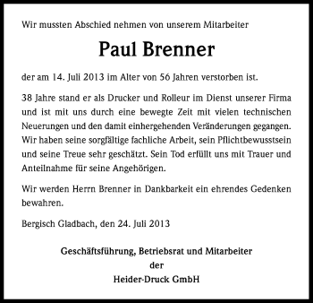 Anzeige von Paul Brenner von Kölner Stadt-Anzeiger / Kölnische Rundschau / Express
