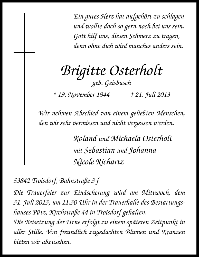  Traueranzeige für Brigitte Osterholt vom 27.07.2013 aus Kölner Stadt-Anzeiger / Kölnische Rundschau / Express
