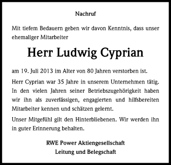 Anzeige von Ludwig Cyprian von Kölner Stadt-Anzeiger / Kölnische Rundschau / Express