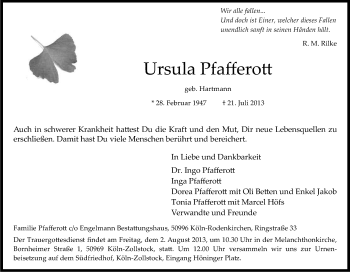 Anzeige von Ursula Pfafferott von Kölner Stadt-Anzeiger / Kölnische Rundschau / Express