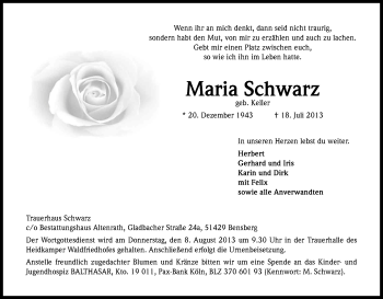 Anzeige von Maria Schwarz von Kölner Stadt-Anzeiger / Kölnische Rundschau / Express
