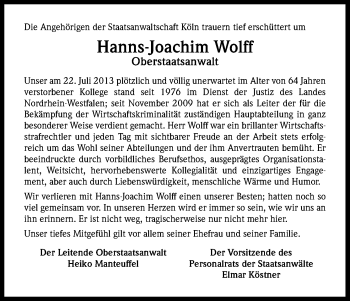 Anzeige von Hanns-Joachim Wolff von Kölner Stadt-Anzeiger / Kölnische Rundschau / Express