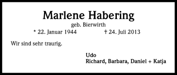 Anzeige von Marlene Habering von Kölner Stadt-Anzeiger / Kölnische Rundschau / Express