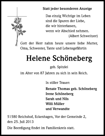 Anzeige von Helene Schöneberg von Kölner Stadt-Anzeiger / Kölnische Rundschau / Express