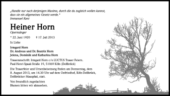 Anzeige von Heiner Horn von Kölner Stadt-Anzeiger / Kölnische Rundschau / Express