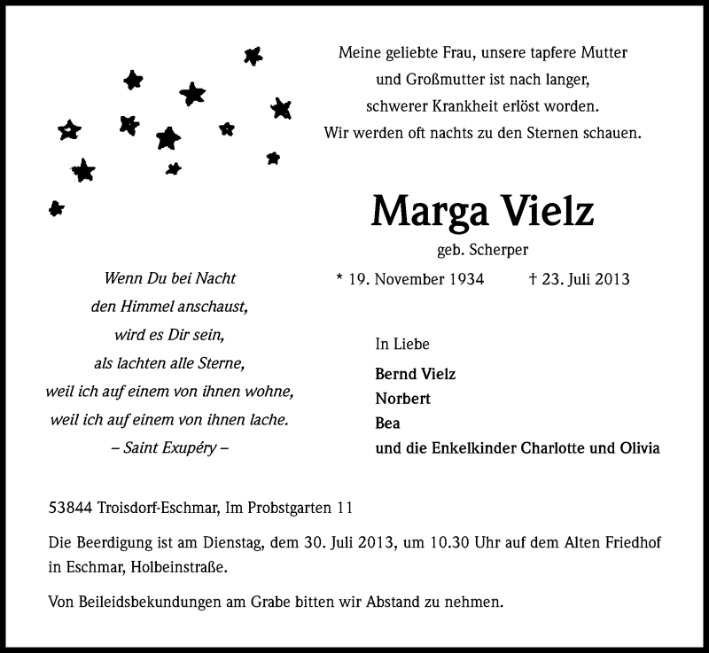  Traueranzeige für Marga Vielz vom 27.07.2013 aus Kölner Stadt-Anzeiger / Kölnische Rundschau / Express