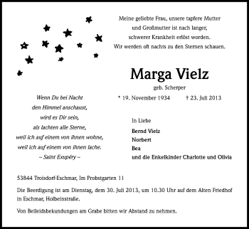 Anzeige von Marga Vielz von Kölner Stadt-Anzeiger / Kölnische Rundschau / Express