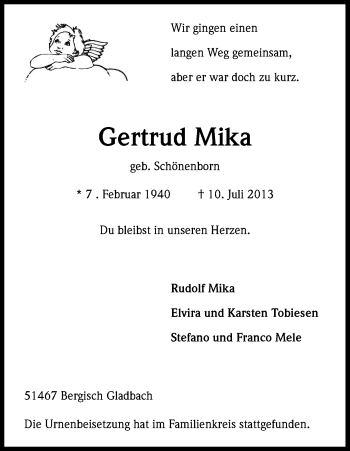 Anzeige von Gertrud Mika von Kölner Stadt-Anzeiger / Kölnische Rundschau / Express