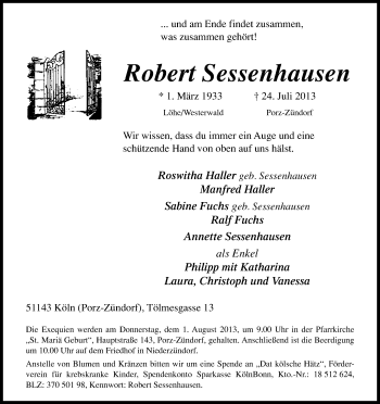 Anzeige von Robert Sessenhausen von Kölner Stadt-Anzeiger / Kölnische Rundschau / Express