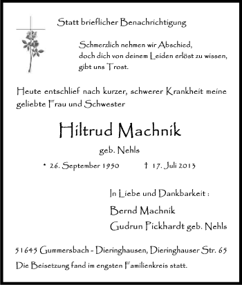 Anzeige von Hiltrud Machnik von Kölner Stadt-Anzeiger / Kölnische Rundschau / Express