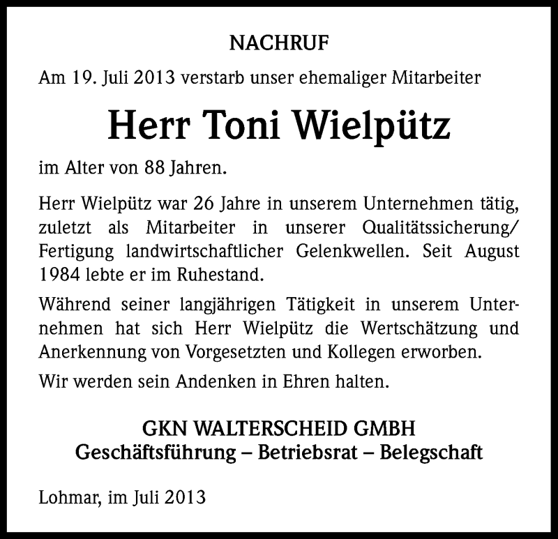  Traueranzeige für Toni Wielpütz vom 26.07.2013 aus Kölner Stadt-Anzeiger / Kölnische Rundschau / Express