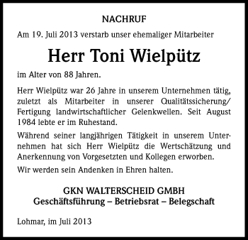 Anzeige von Toni Wielpütz von Kölner Stadt-Anzeiger / Kölnische Rundschau / Express