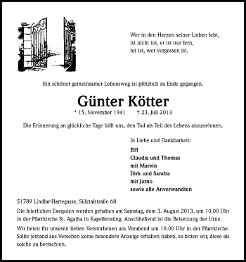 Anzeige von Günter Kötter von Kölner Stadt-Anzeiger / Kölnische Rundschau / Express