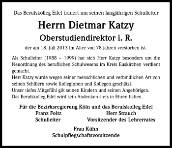 Anzeige von Dietmar Katzy von Kölner Stadt-Anzeiger / Kölnische Rundschau / Express