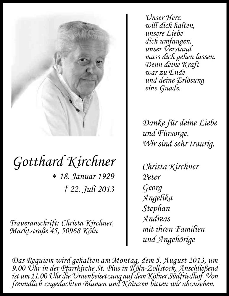  Traueranzeige für Gotthard Kirchner vom 27.07.2013 aus Kölner Stadt-Anzeiger / Kölnische Rundschau / Express