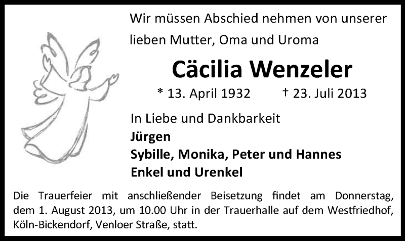  Traueranzeige für Cäcilia Wenzeler vom 27.07.2013 aus Kölner Stadt-Anzeiger / Kölnische Rundschau / Express
