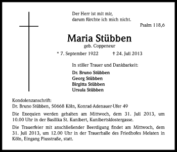 Anzeige von Maria Stübben von Kölner Stadt-Anzeiger / Kölnische Rundschau / Express