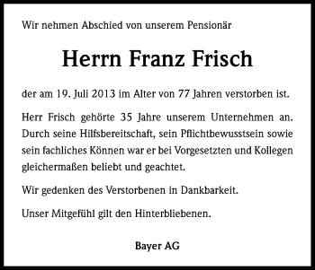 Anzeige von Franz Frisch von Kölner Stadt-Anzeiger / Kölnische Rundschau / Express