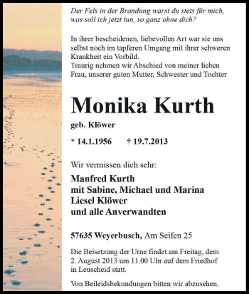 Anzeige von Monika Kurth von Kölner Stadt-Anzeiger / Kölnische Rundschau / Express