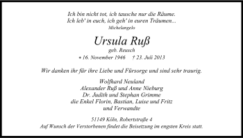 Anzeige von Ursula Ruß von Kölner Stadt-Anzeiger / Kölnische Rundschau / Express