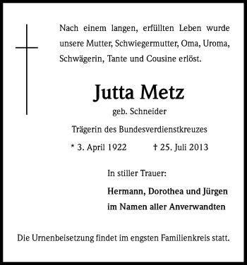 Anzeige von Jutta Metz von Kölner Stadt-Anzeiger / Kölnische Rundschau / Express