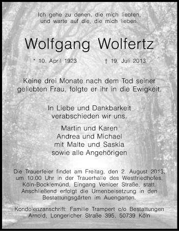 Anzeige von Wolfgang Wolfertz von Kölner Stadt-Anzeiger / Kölnische Rundschau / Express