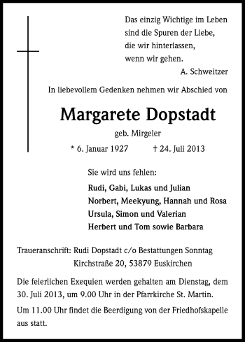 Anzeige von Margarete Dopstadt von Kölner Stadt-Anzeiger / Kölnische Rundschau / Express
