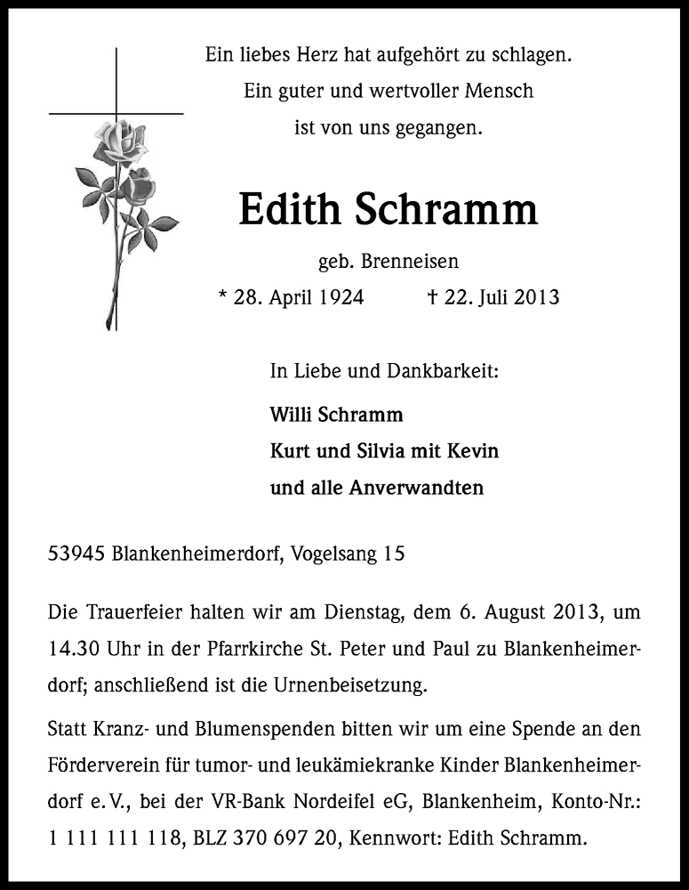  Traueranzeige für Edith Schramm vom 27.07.2013 aus Kölner Stadt-Anzeiger / Kölnische Rundschau / Express