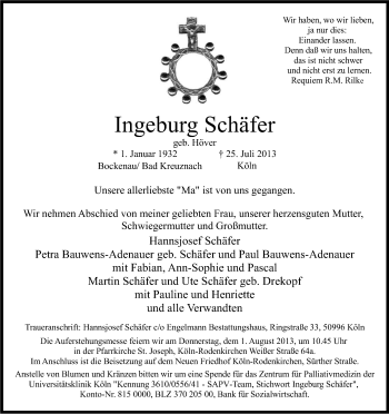 Anzeige von Ingeburg Schäfer von Kölner Stadt-Anzeiger / Kölnische Rundschau / Express