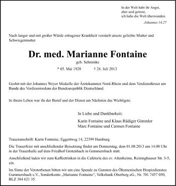 Anzeige von Marianne Fontaine von Kölner Stadt-Anzeiger / Kölnische Rundschau / Express