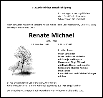 Anzeige von Renate Michael von Kölner Stadt-Anzeiger / Kölnische Rundschau / Express