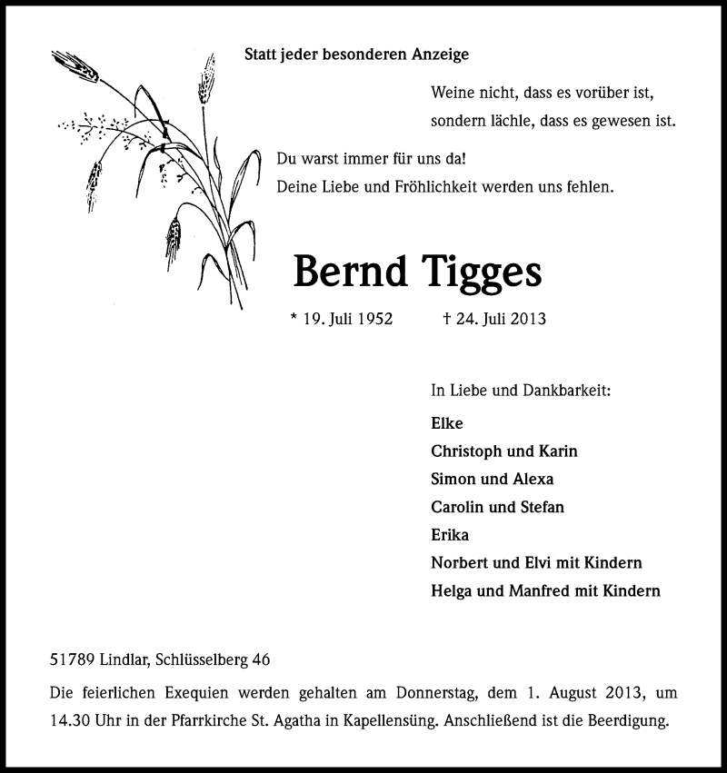  Traueranzeige für Bernd Tigges vom 27.07.2013 aus Kölner Stadt-Anzeiger / Kölnische Rundschau / Express
