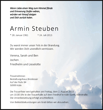 Anzeige von Armin Steuben von Kölner Stadt-Anzeiger / Kölnische Rundschau / Express