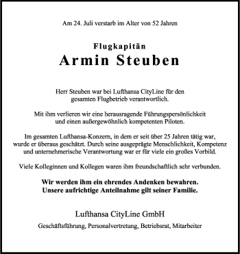 Anzeige von Armin Steuben von Kölner Stadt-Anzeiger / Kölnische Rundschau / Express