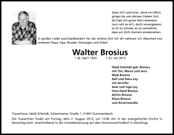 Anzeige von Walter Brosius von Kölner Stadt-Anzeiger / Kölnische Rundschau / Express