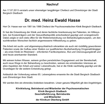 Anzeige von Heinz Ewald Hasse von Kölner Stadt-Anzeiger / Kölnische Rundschau / Express