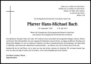 Anzeige von Hans-Michael Bach von Kölner Stadt-Anzeiger / Kölnische Rundschau / Express