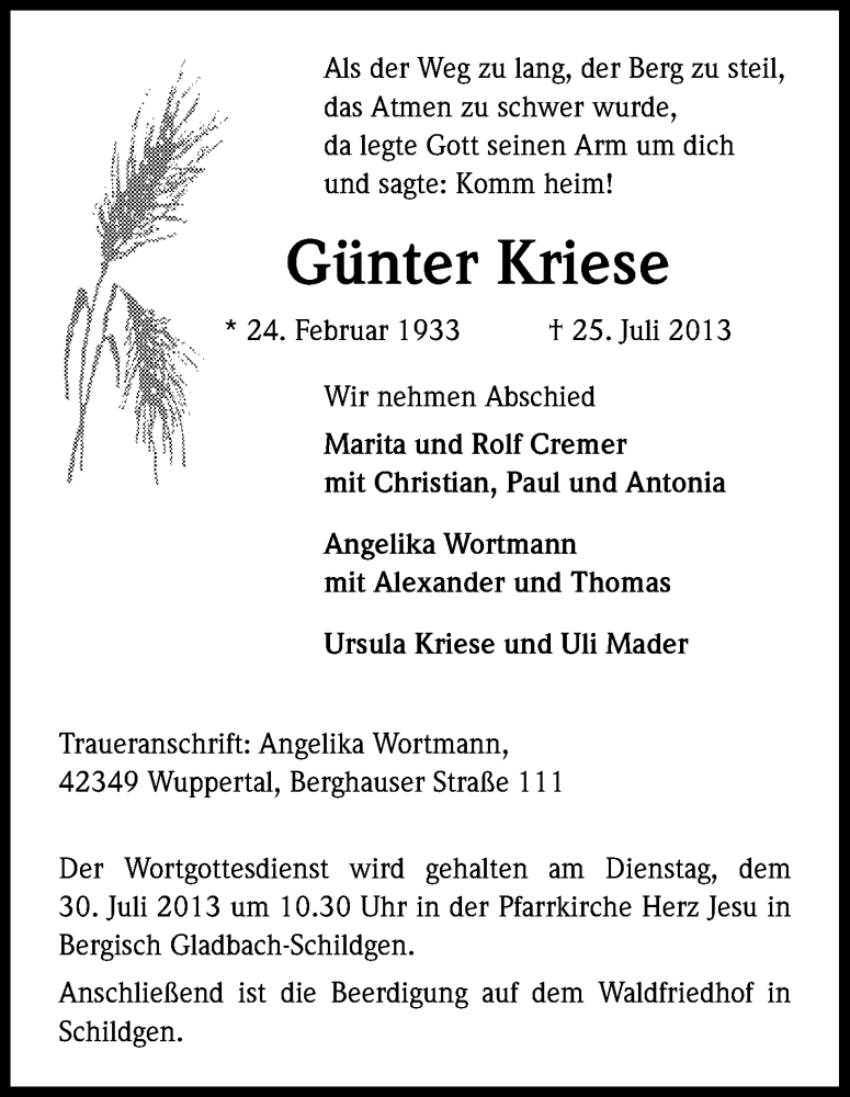 Traueranzeige für Günter Kriese vom 27.07.2013 aus Kölner Stadt-Anzeiger / Kölnische Rundschau / Express