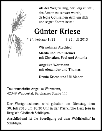 Anzeige von Günter Kriese von Kölner Stadt-Anzeiger / Kölnische Rundschau / Express