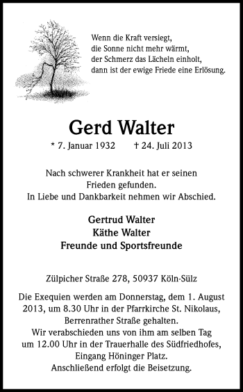 Anzeige von Gerd Walter von Kölner Stadt-Anzeiger / Kölnische Rundschau / Express