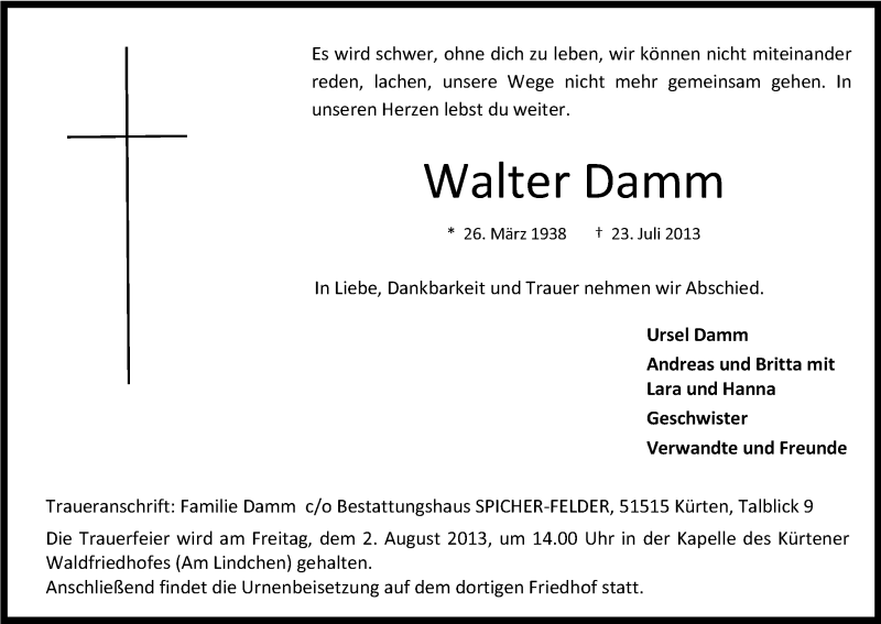  Traueranzeige für Walter Damm vom 27.07.2013 aus Kölner Stadt-Anzeiger / Kölnische Rundschau / Express