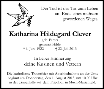Anzeige von Katharina Hildegard Clever von Kölner Stadt-Anzeiger / Kölnische Rundschau / Express