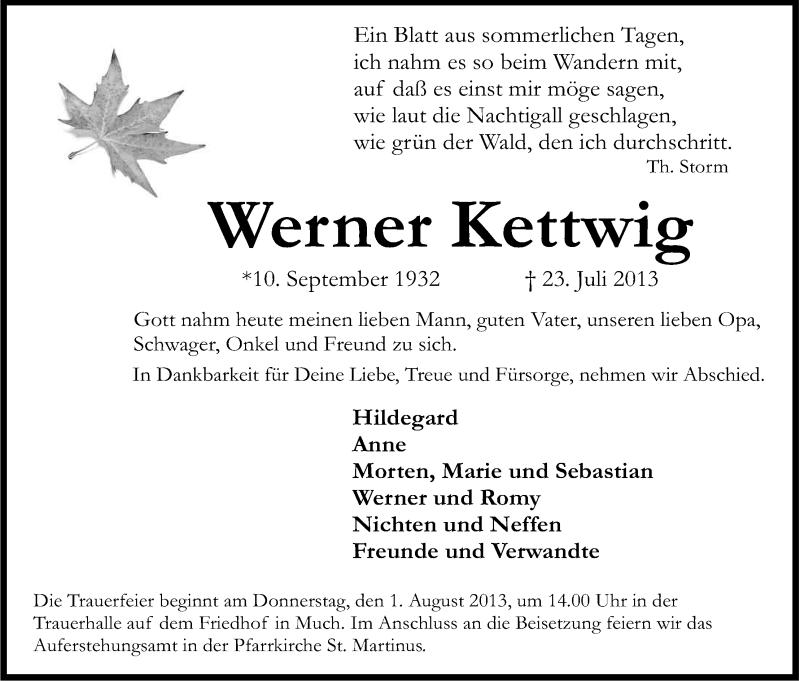  Traueranzeige für Werner Kettwig vom 27.07.2013 aus Kölner Stadt-Anzeiger / Kölnische Rundschau / Express