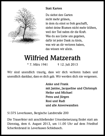 Anzeige von Wilfried Matzerath von Kölner Stadt-Anzeiger / Kölnische Rundschau / Express
