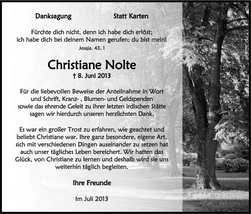  Traueranzeige für Christiane Nolte vom 27.07.2013 aus Kölner Stadt-Anzeiger / Kölnische Rundschau / Express