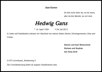 Anzeige von Hedwig Gans von Kölner Stadt-Anzeiger / Kölnische Rundschau / Express