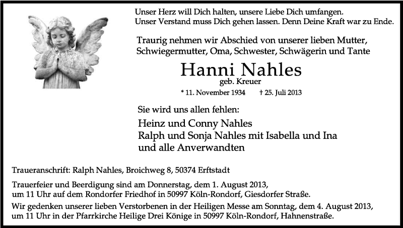  Traueranzeige für Hanni Nahles vom 27.07.2013 aus Kölner Stadt-Anzeiger / Kölnische Rundschau / Express