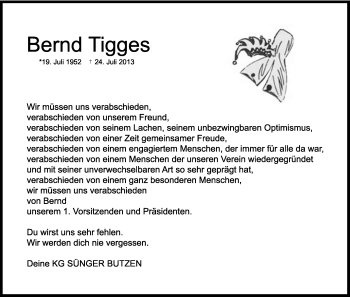 Anzeige von Bernd Tigges von Kölner Stadt-Anzeiger / Kölnische Rundschau / Express