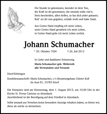 Anzeige von Johann Schumacher von Kölner Stadt-Anzeiger / Kölnische Rundschau / Express
